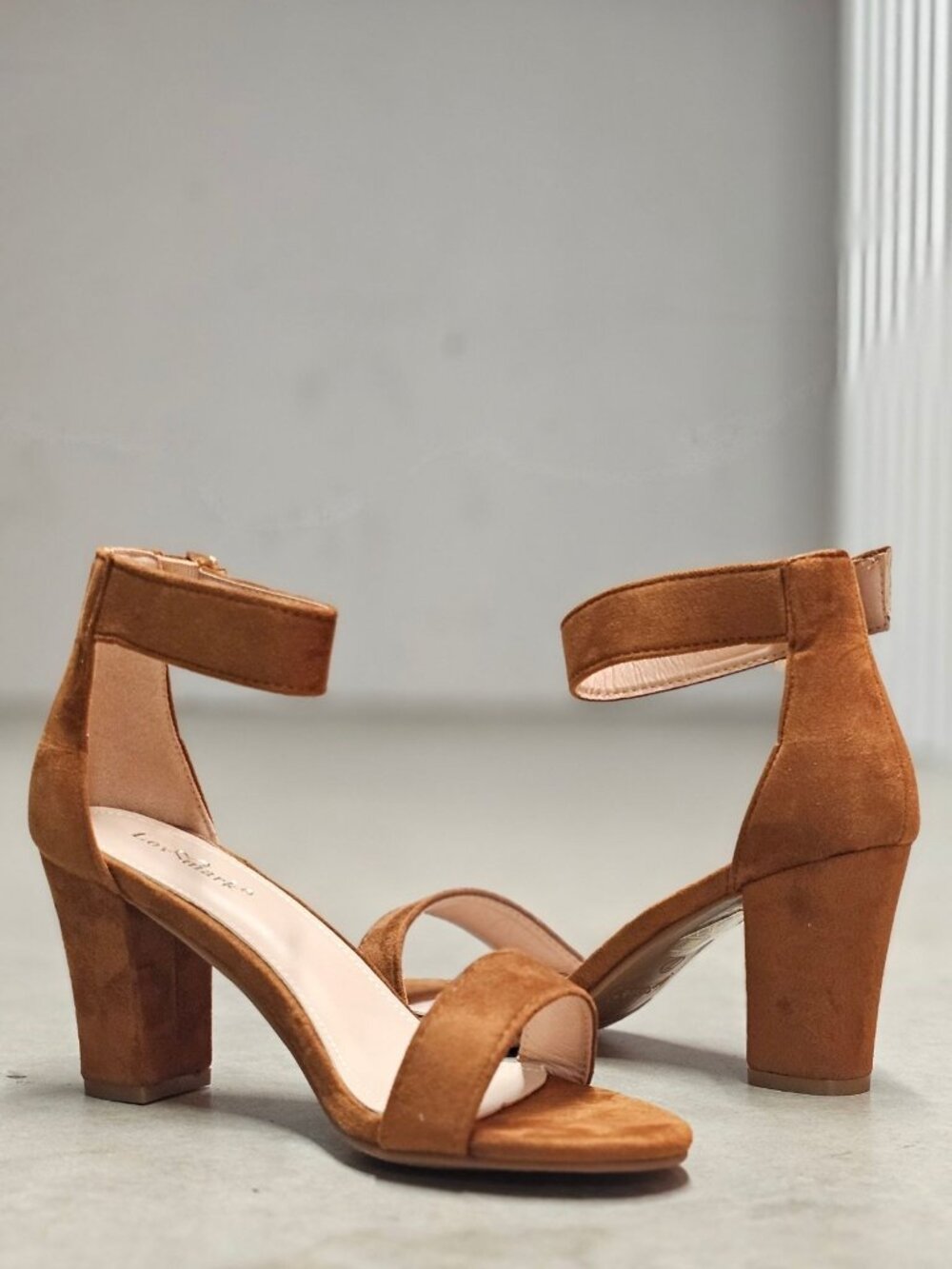 Tan Faux Suede Block Heel Sandals With Adjustable Ankle Strap Open Toe Design Wo
